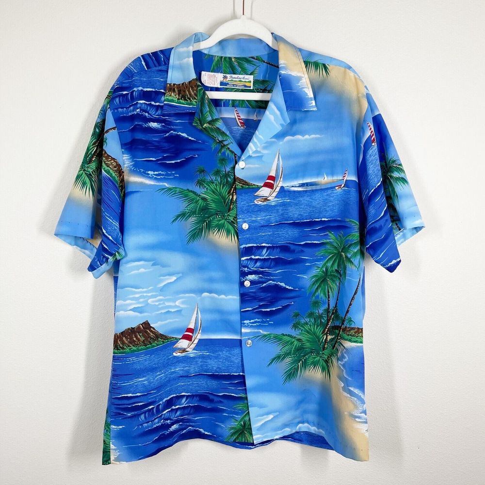 Vintage Shoreline Hawaii Button Up Shirt Mens Sz XL Hawaiian Beach Print‎ Tropic